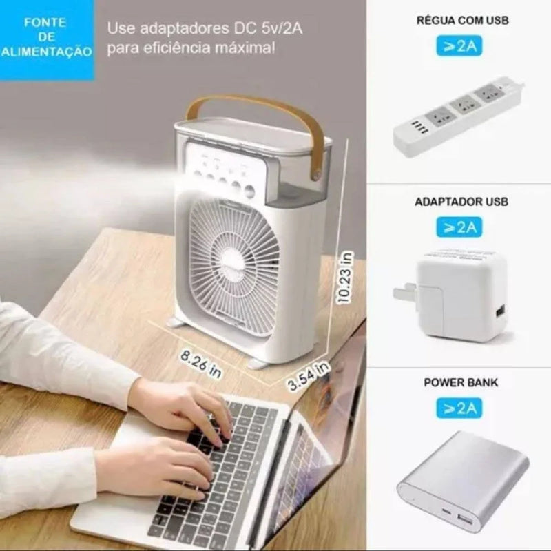 Mini ventilador e umidificador de mesa portátil com luz de led Recarregável 110,00